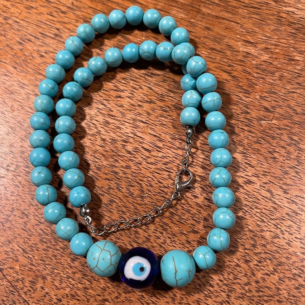 Turquoise beads and evil eye necklace, or nazar